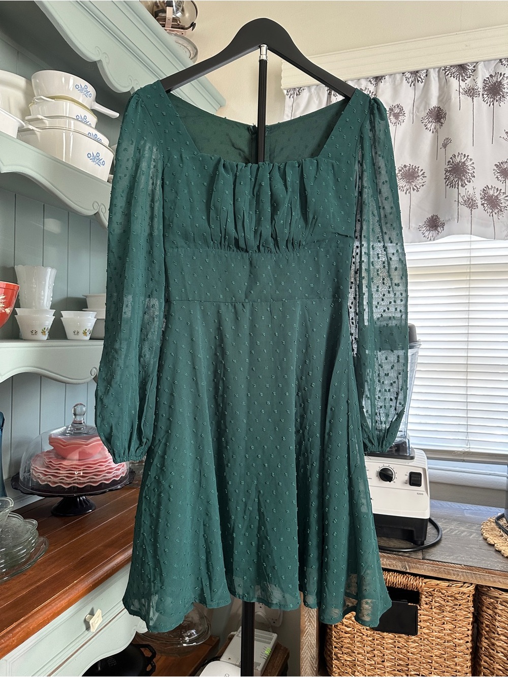 Emerald Green Swiss Dot Long-Sleeve Fit & Flare Dress